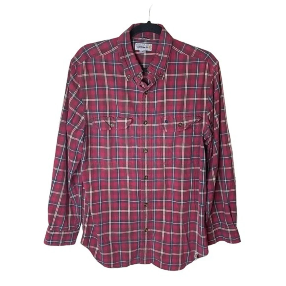 Carhartt Red Black‎ Plaid Long Sleeve Button Up 100% Cotton Men’s Size Medium
